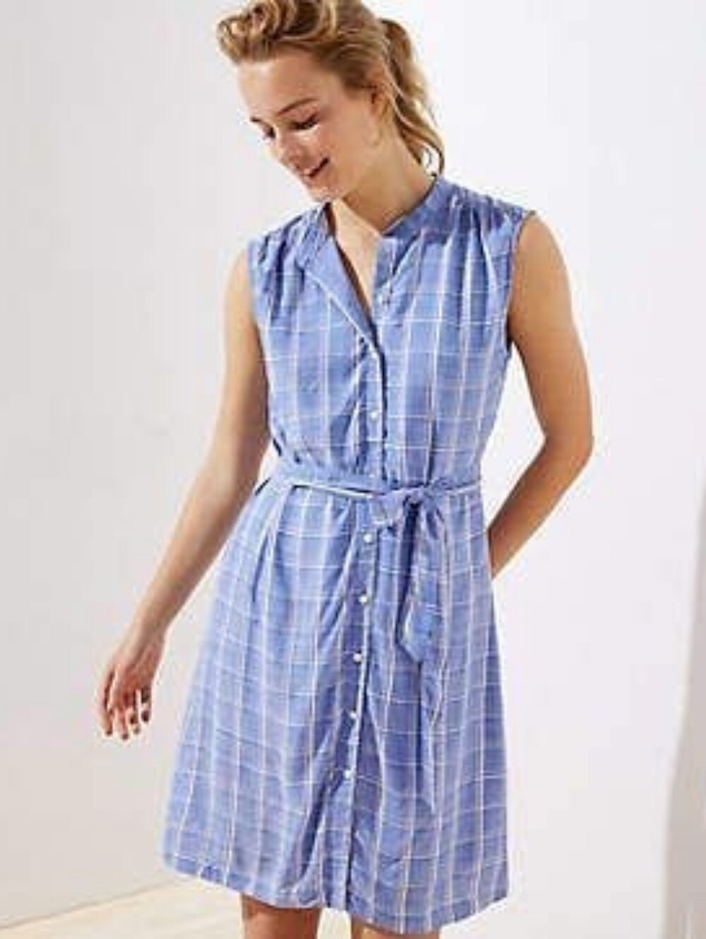 Sleeveless Blue Plaid Shirt Dress with Tie Waist